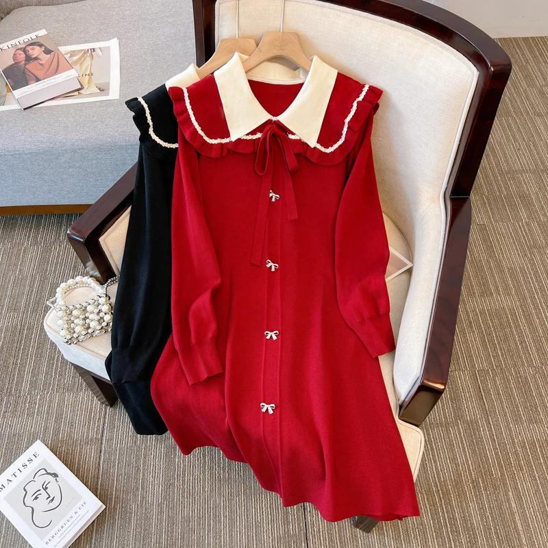 

Осенне-зимнее контрастное платье на пуговицах с жемчужинами, платья из двух частей с длинным рукавом и воротником-бантом, женское платье, же...