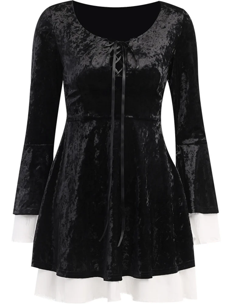

Retro Sexy Gothic Dark Long Sleeve Drawstring Dress Elegant Velvet Cuffs with Raw Edges Witch Dresses Autumn New Wrap Hip Dress