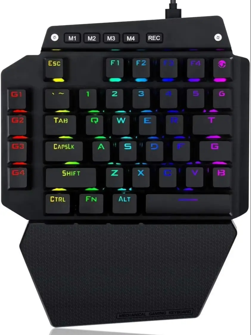 Фото HUO JI Механическая игровая клавиатура для одной руки, проводная, RGB светодиодная подсветка, съемная подставка для запястий, съемный кабель типа C, металлическая панель, №1