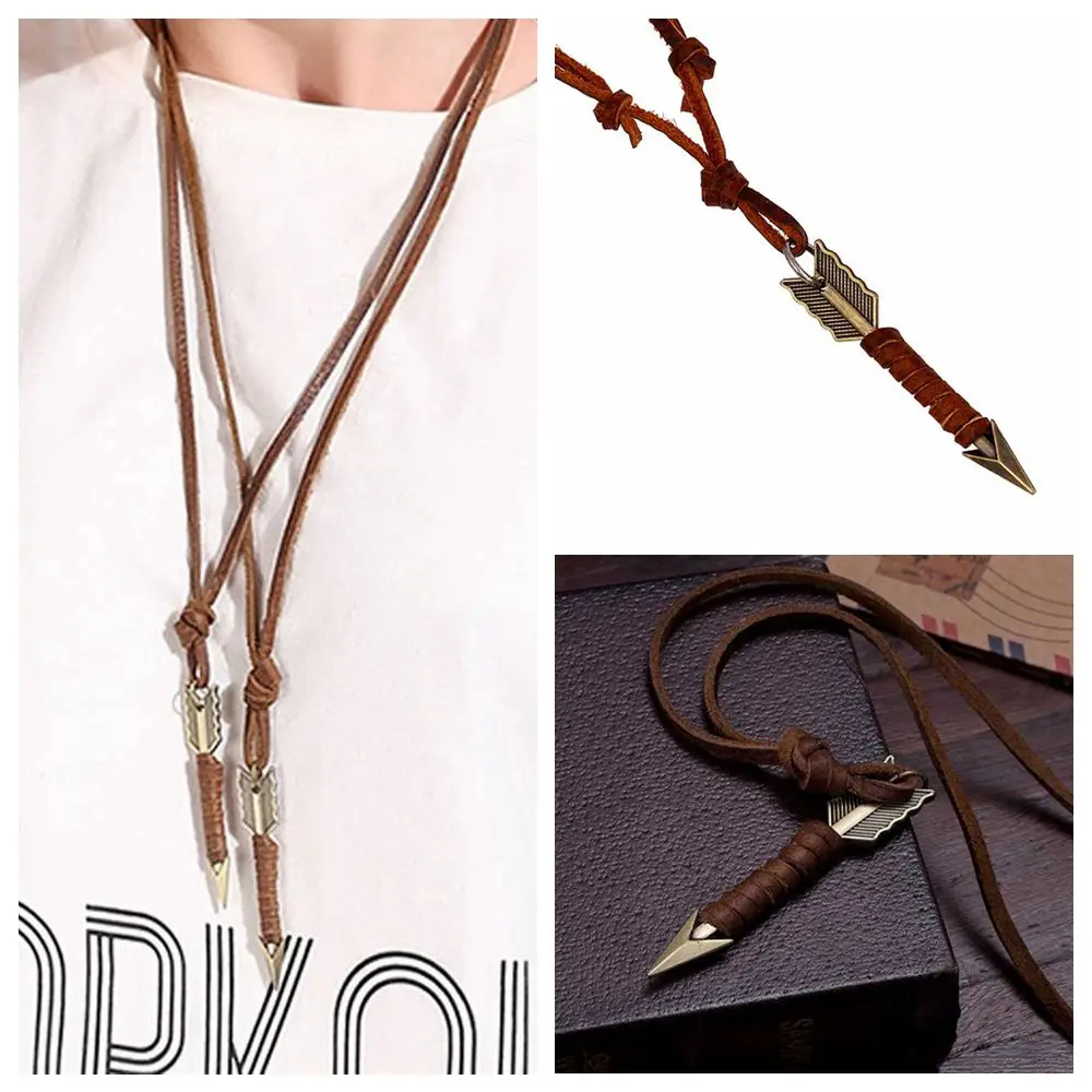 

Fashion Vintage Handmade Men Choker Arrow Pendant Leather Chain Necklace