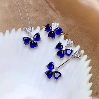 natural sapphire set s925 sterling silver lucky clover ring pendant necklace earring set high fashion ladies jewelry