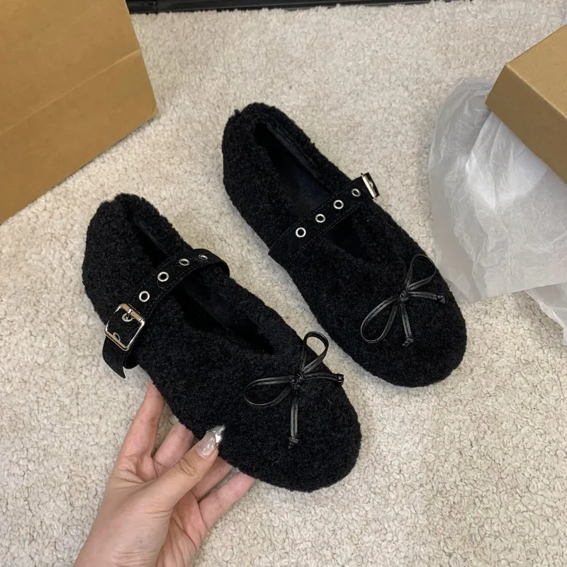 Новые зимние туфли на плоской подошве женские с круглым носком и узлом-бабочкой