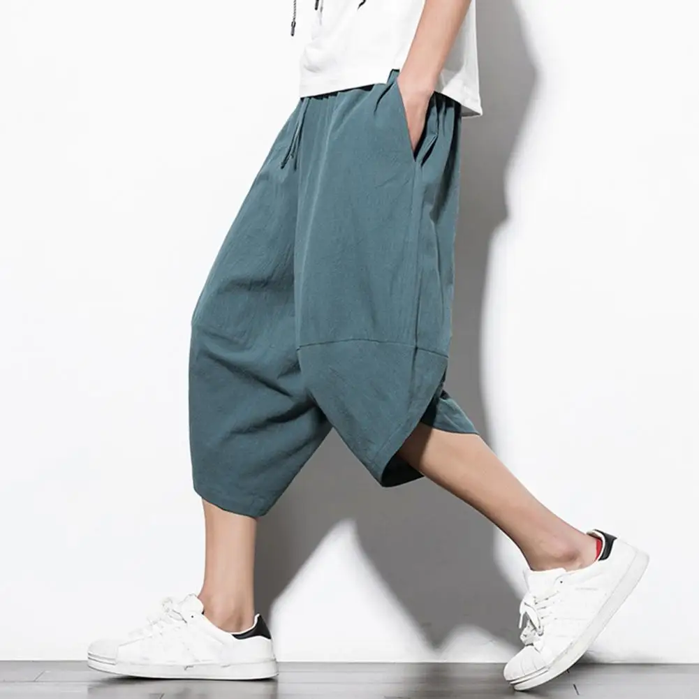 

Cropped Pants Solid Color Loose-fitting Breathable Extra Soft Sweat Absorption Dress-up Polyester Men Drawstring Baggy Pants wit
