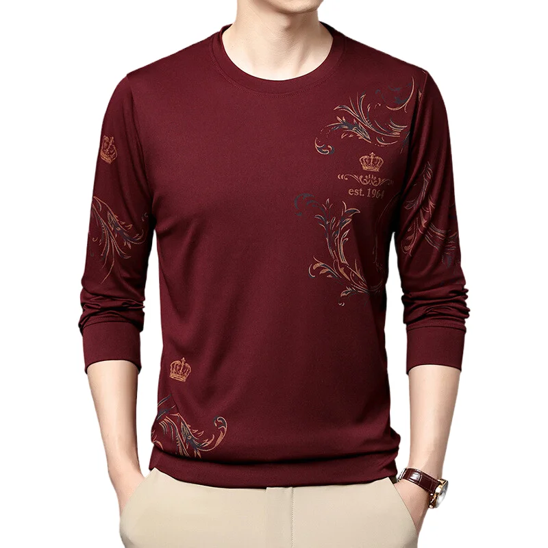 

Spring autumn new men's O-neck tees long-sleeved ice silk print T-shirt men's bottoming shirt T-shirt fashion casual t-shirt top