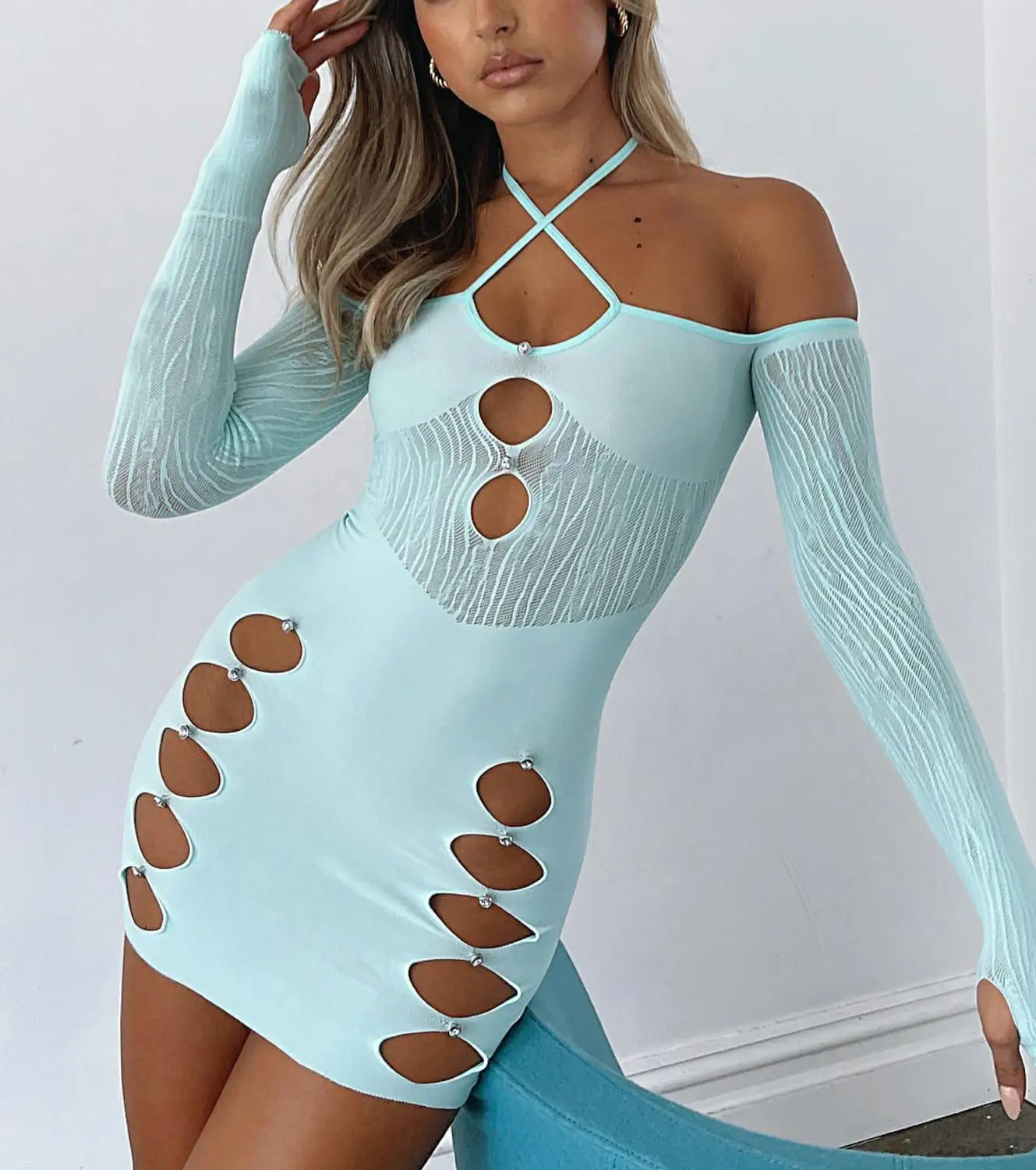 

Midi Long Sleeve Hanging Neck Street Party Spring Fall Casual Wrapped Cutout Dress 5 Colors Women Sexy Dress