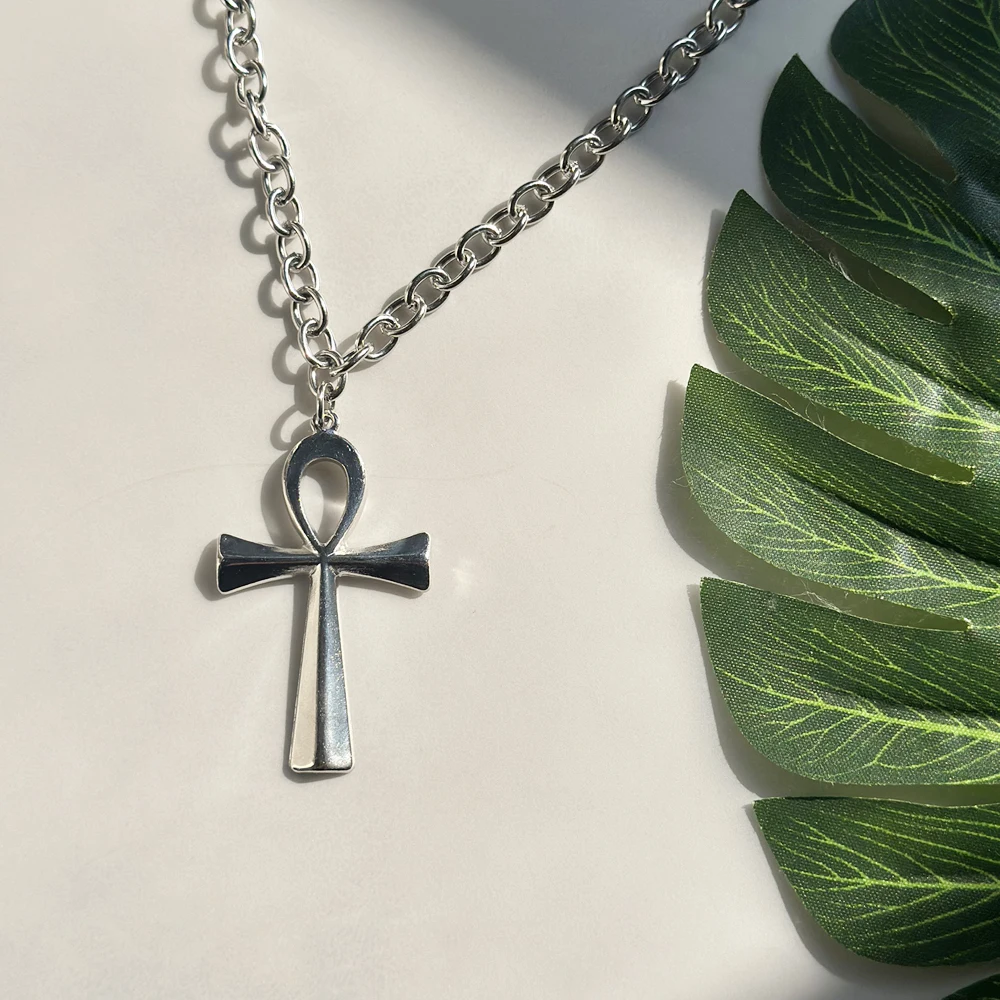 Унисекс большое египетское ожерелье с подвеской в виде креста Анк посеребренное