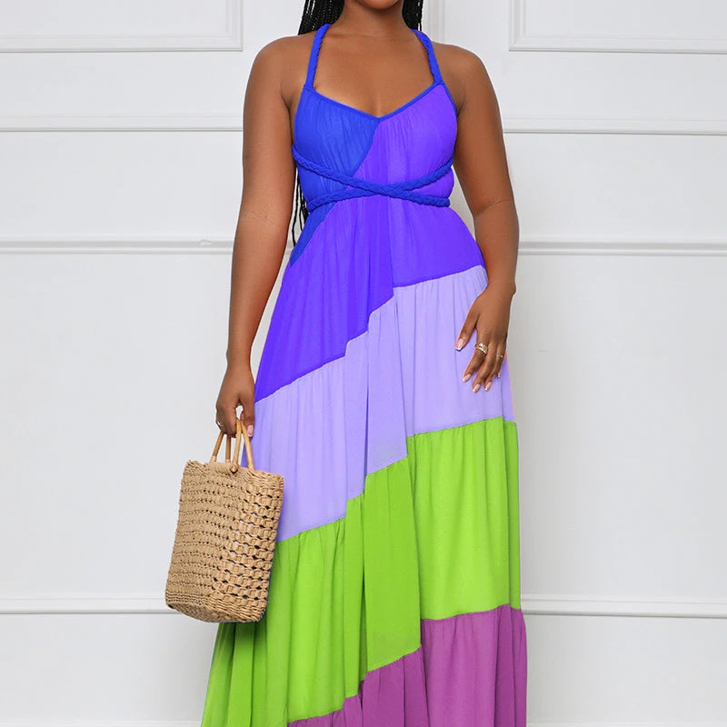 

Loose Maxi Long Dress Elegant Patchwork Chiffon Halter Neck Backless Big Swing 2022 Summer Beach Sleeveless Vestidos Robes 2022