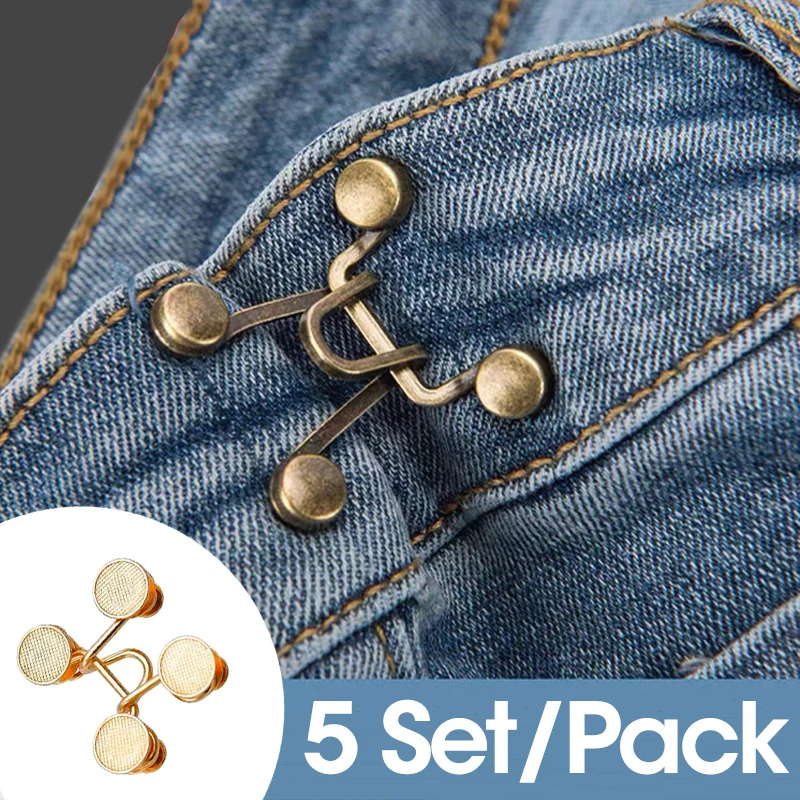 

5 Set Adjustable Jean Button Pins Detachable Metal Pants Snap Fastener Buttons DIY Sewing-Free Waist Tightener Clothing Buckles