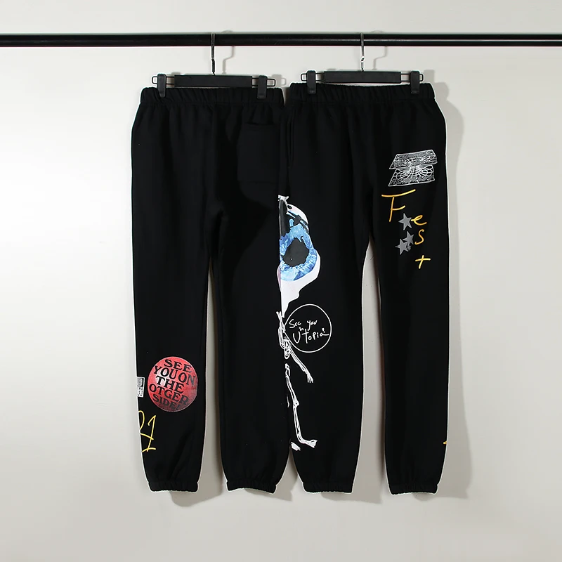 

Fleece Men Black Trousers Travis Scott Astrofest Cactus Jack Sweatpants American High Street Retro Graffiti Sweatpants