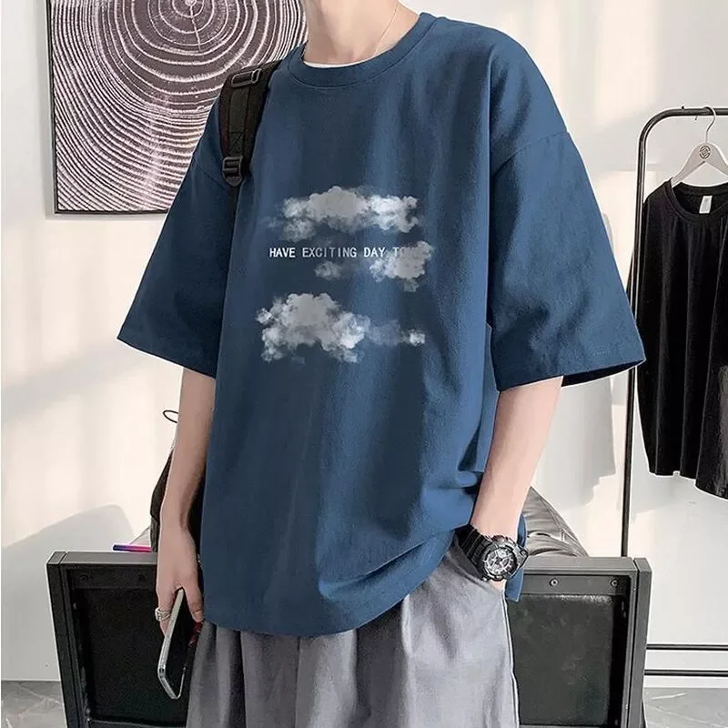 

NEW IN plus size short-sleeved t-shirt men women Harajuku Cloud print Hong Kong style Fifth sleeve tee preppy hip-hop simple top