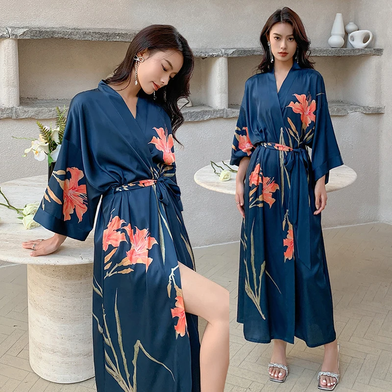 

Nightwear V-neck Women Robe Drees Home Silk Gown Kimono Sleepwear Big Clothes Bathrobe Sleep Print Size Nightgown Satin Ice