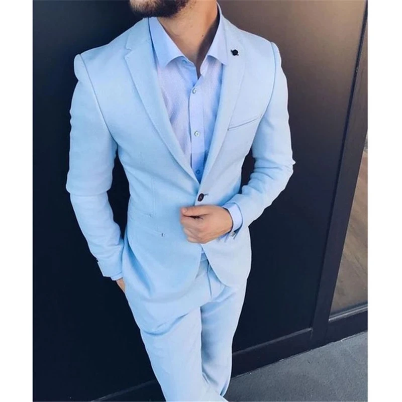 

2023 New Arrival Slim Fit Men Suits For Wedding Prom Tuxedos Light Sky Blue Groomsman Jacket Pant Male Summer Suit Costume Homme