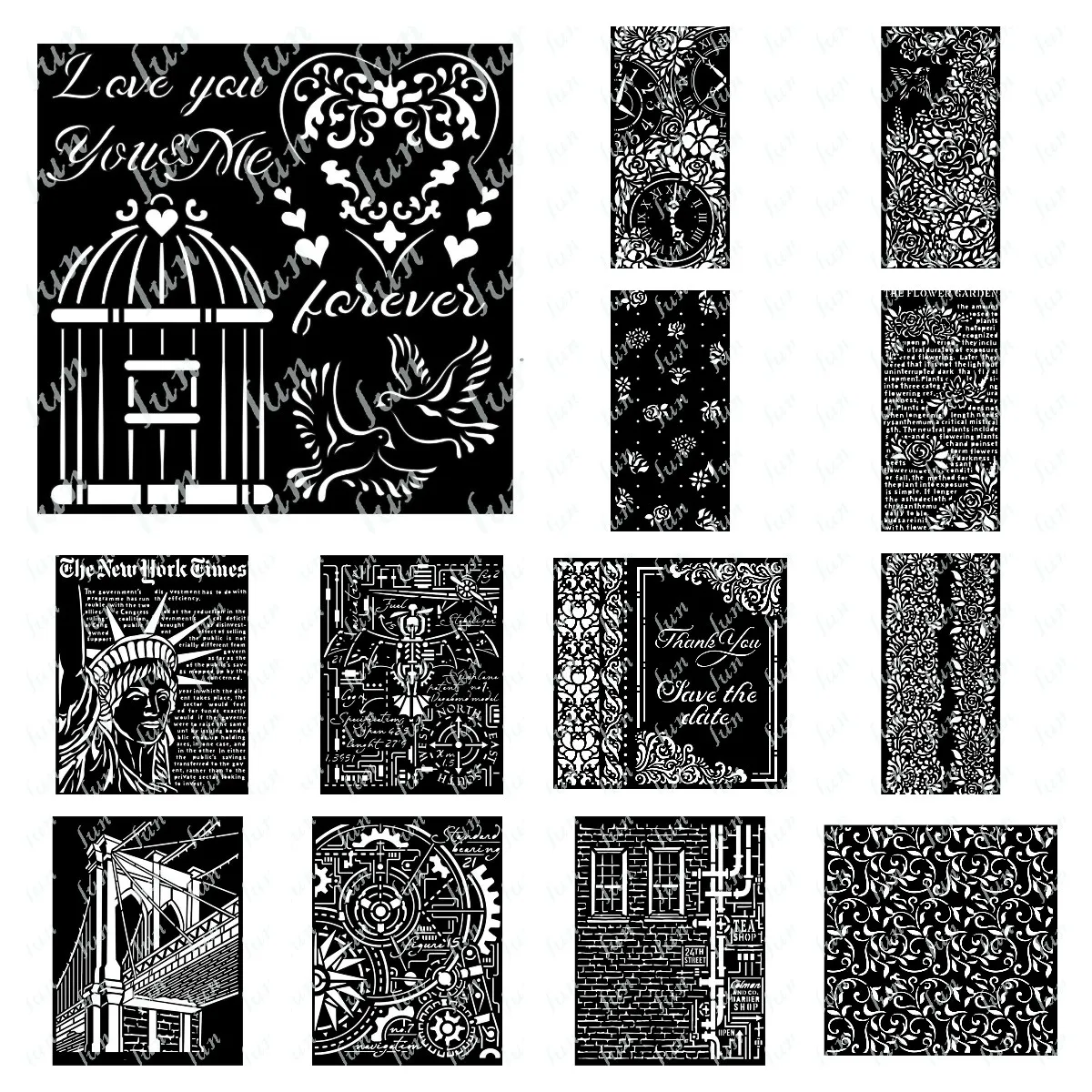 

New DIY Flower Rosebuds Airplane Bridge Gears Compass Statue Clocks Bird English Stencils for Making Scrapbooking Cards Coloring