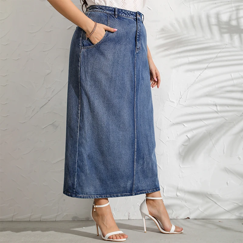 Женская джинсовая юбка с высокой талией однотонная состаренная свободная