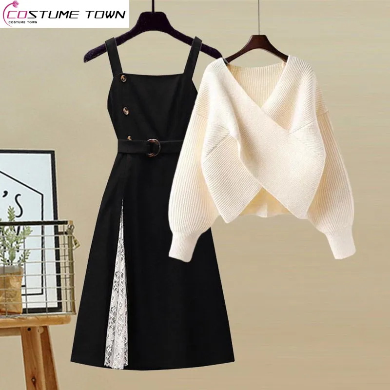 Spring and Autumn Fashion Women's Set 2023 New V-Neck Slim Knitted Sweater Sweater Strap Dress Two Piece Set