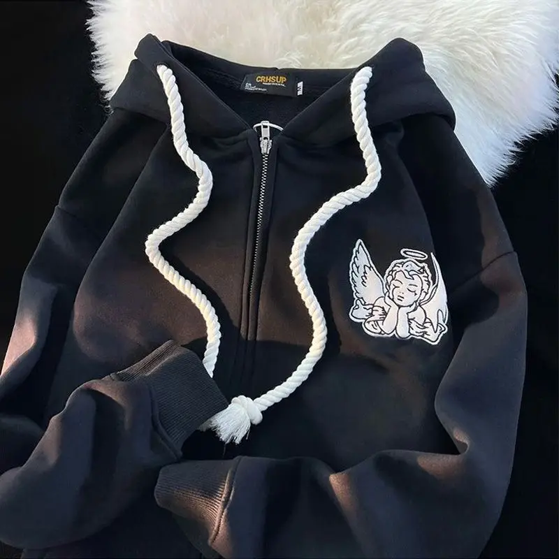 

American Fleece Thick Vintage Angel Print Sudaderas Women High Street Chic Hooded Tops Long Sleeve Loose Sweatshirts Y2k Zip-up