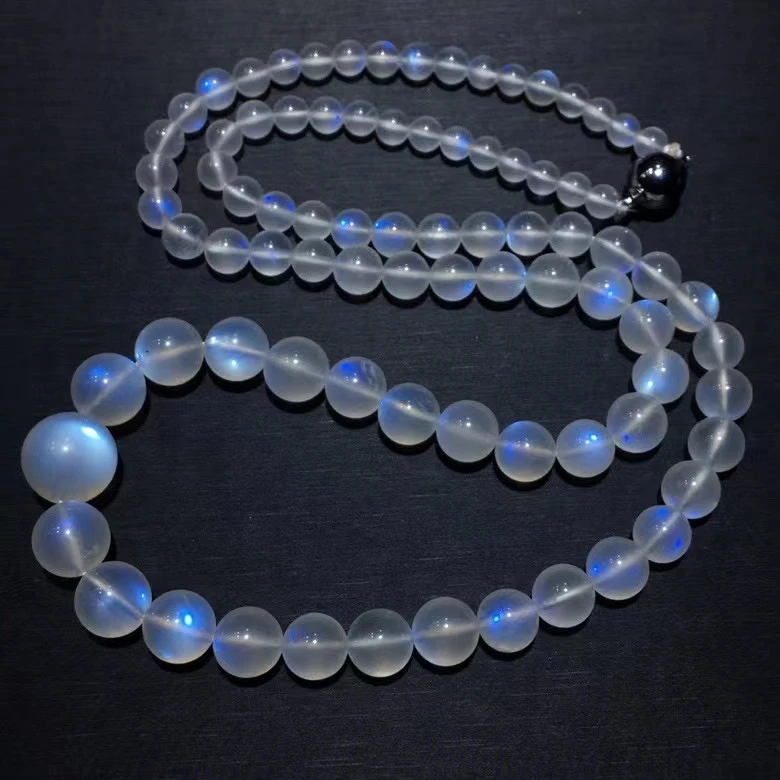Natural Blue Light Moonstone Clear Round Beads Necklace Women Men Crystal Blue Moonstone Pendant 5.2-12.4mm Jewelry AAAAAA