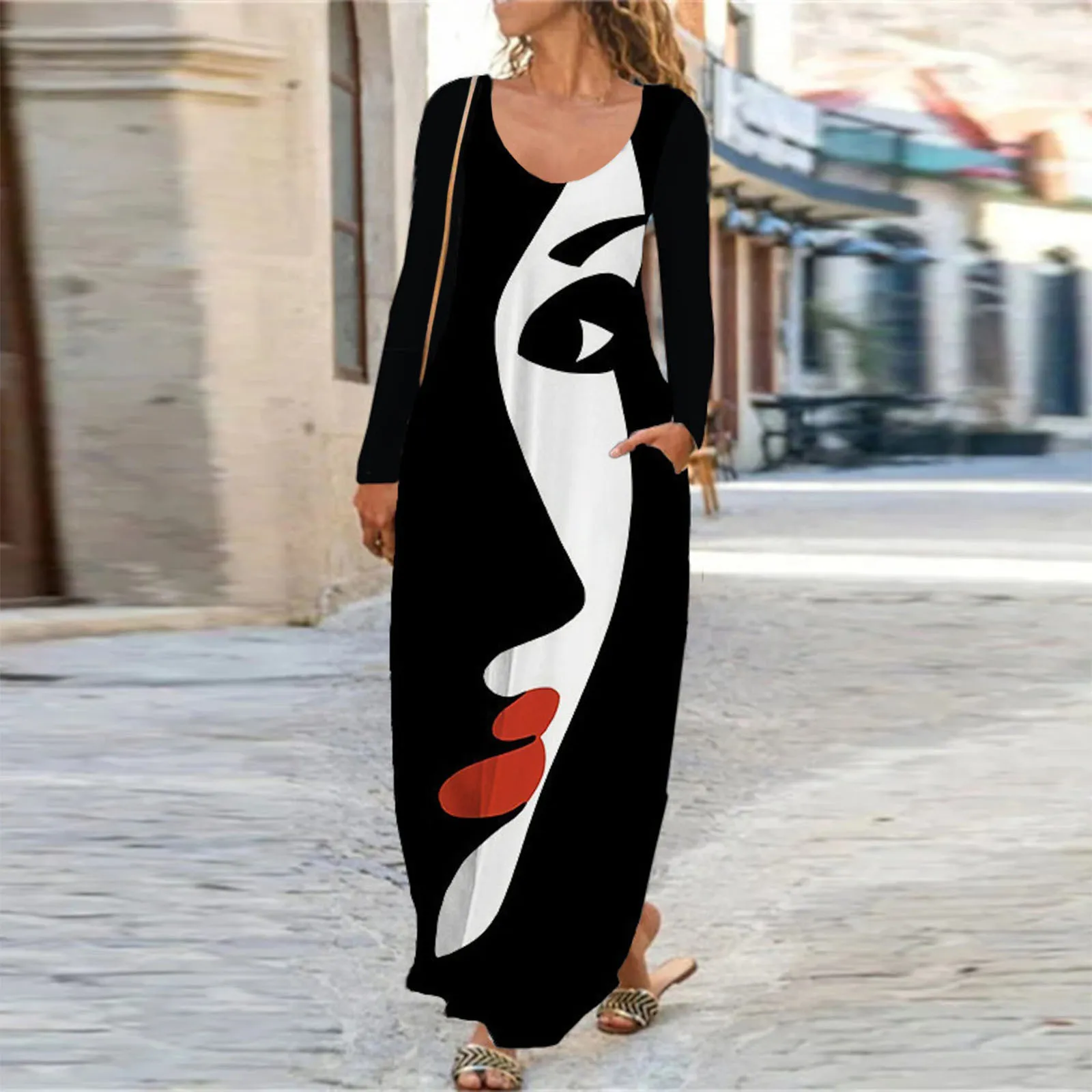 

Women Vintage Printed Dresses Casual Long Sleeve Slim Fit Pockets Long Dress Autumn Elegant Women Party Maxi Dresses Vestidos