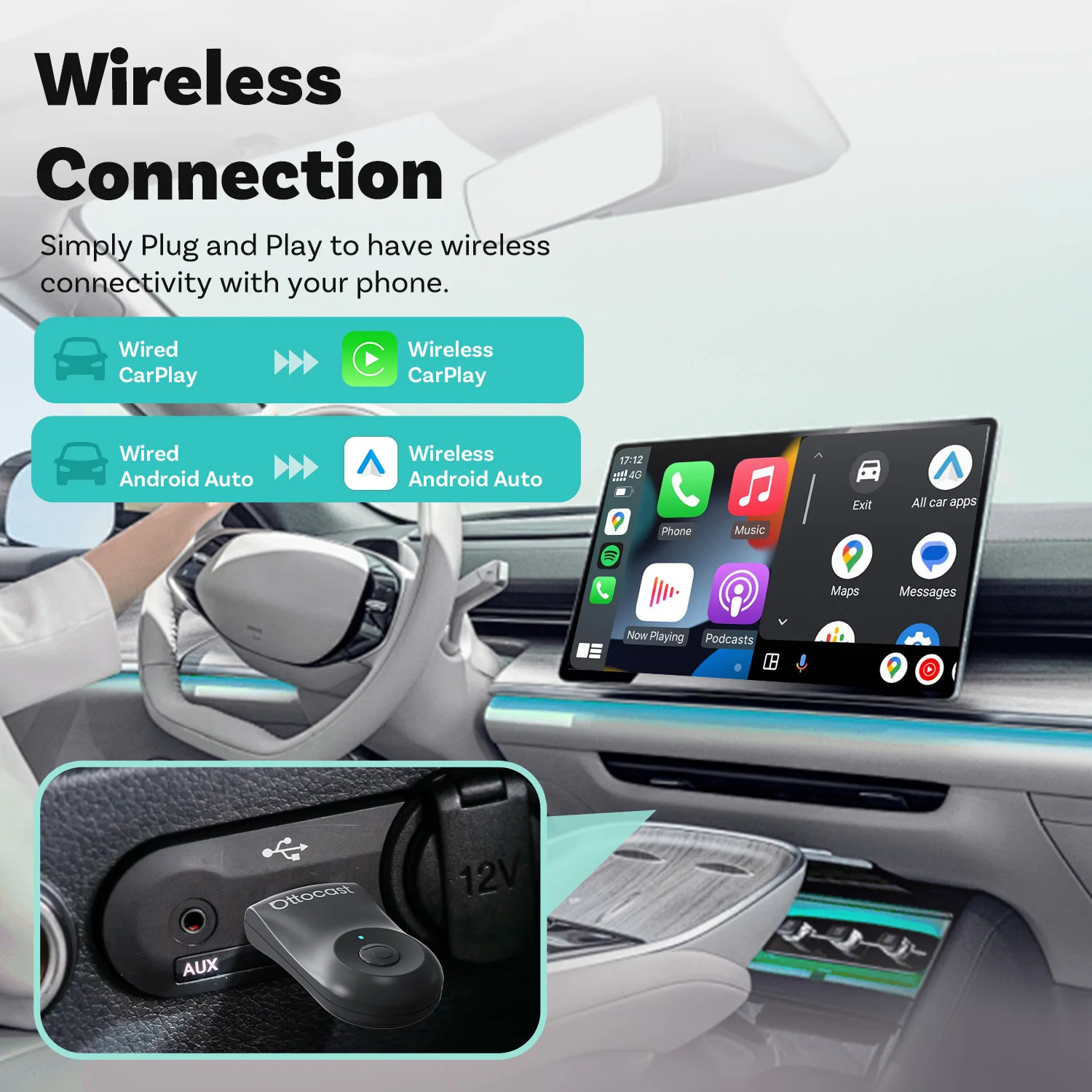 Фото Ottocast MINI беспроводной адаптер Carplay Android Auto 5 ГГц Wi-Fi быстрое подключение ключ переключателя одним щелчком мыши для автомобилей Toyota Audi Benz №5