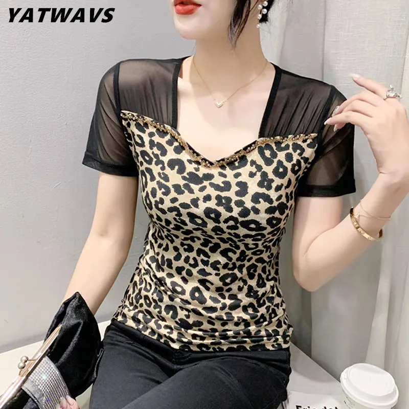 

New Summer Short Sleeved Women's T-Shirt Fashion Casual Square Collar Beading Tees Girl Mesh Striped Leopard Print Tops Clothes
