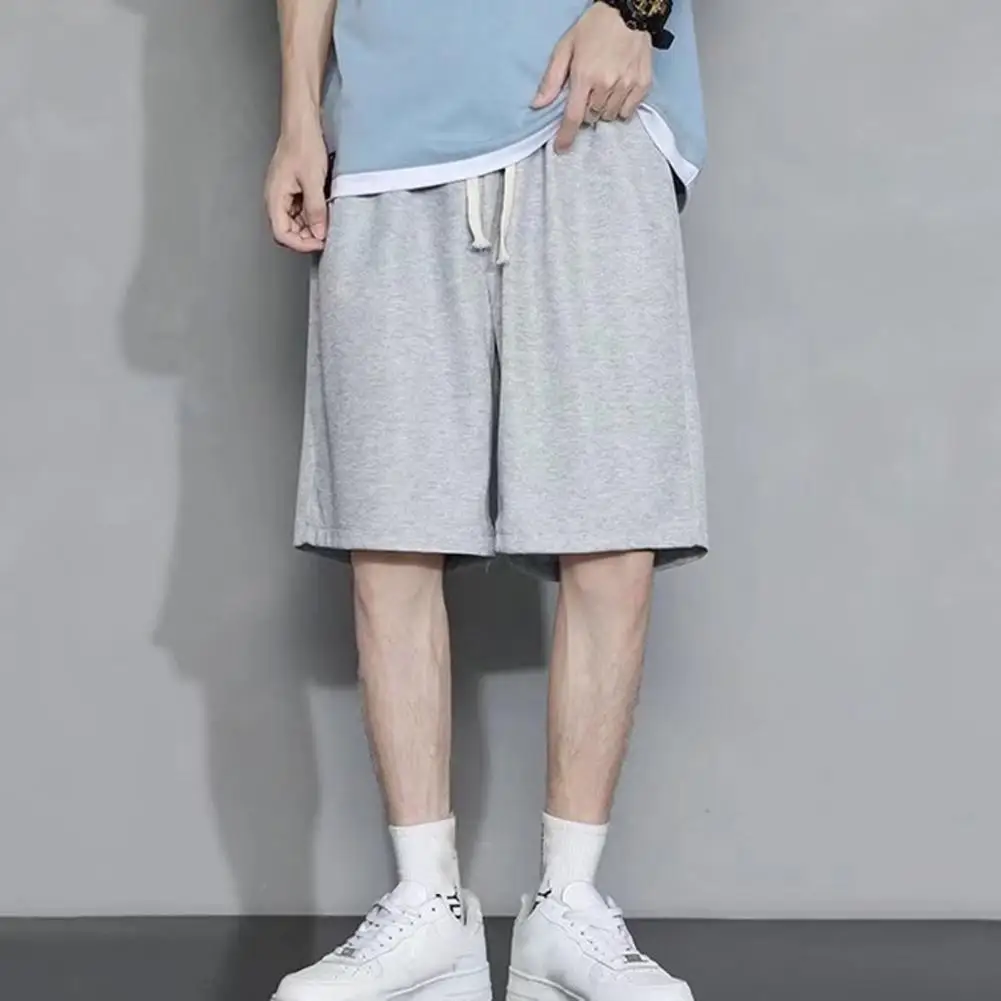 

2022 Summer Casual Men Shorts Solid Color Drawstring Pockets Lace-up Knee Length Sports Pants