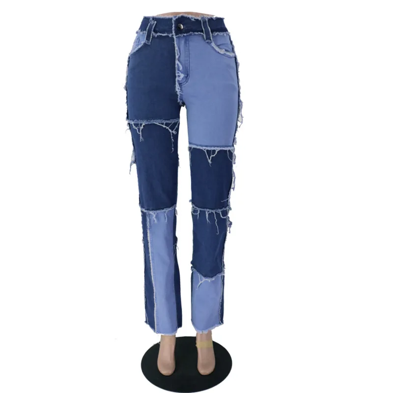 Mixed Color Stitching High Waisted Jeans Woman New Fashion Casual Slim Show Straight Denim Trousers Street Tide Vintage Clothes