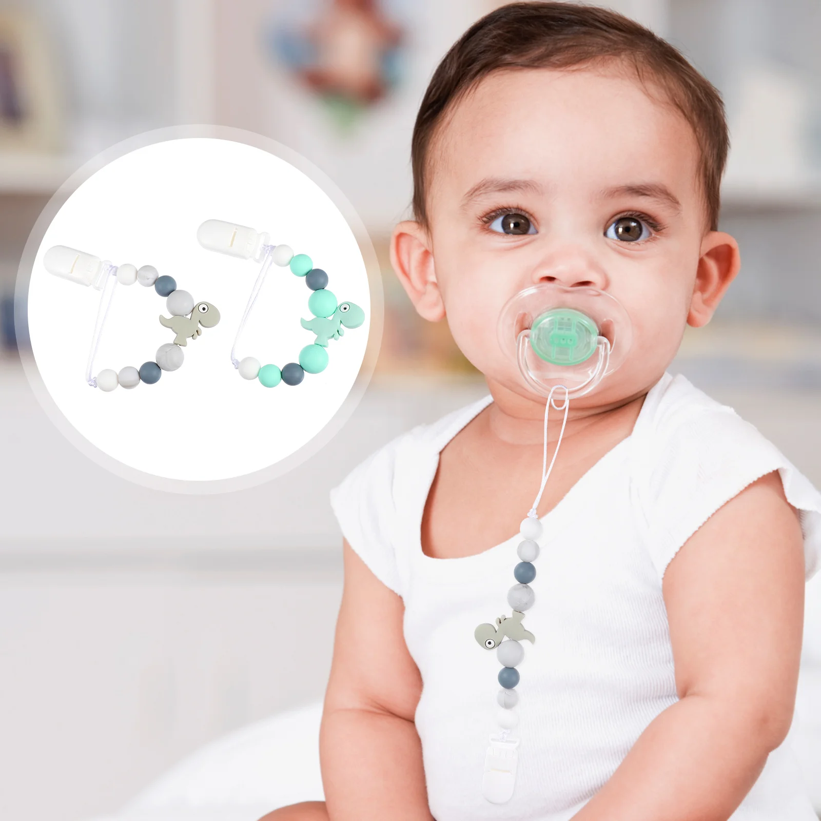 

2pcs Silicone Dinosaurs Baby Pacifier Chain Clip Teether Anti-drop Chain