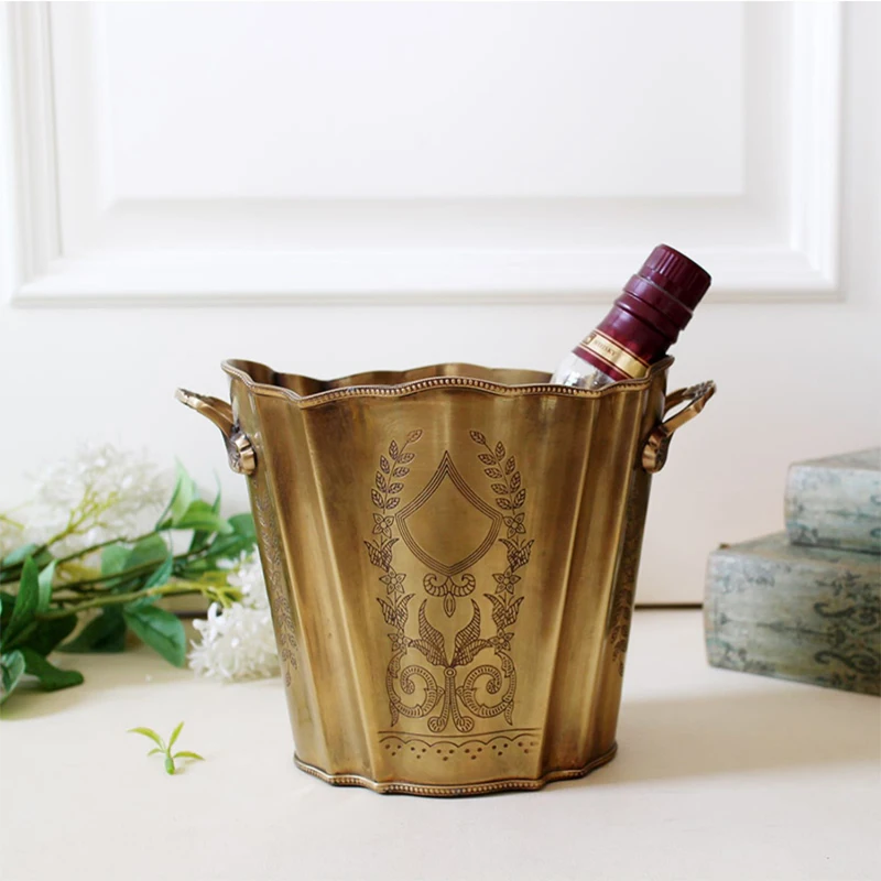 India Imported Handmade Carved Brass Red Wine Champagne Ice Bucket Luxury Retro Bar Restaurant Wine Set Flower Copper Brass