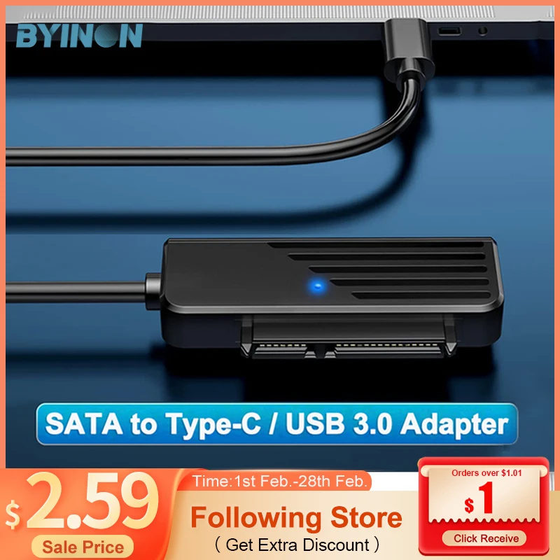 

Byinon SATA to USB 3.0 Adapter Up To 6 Gbps USB A/C to SATA Cable for 2.5" SATA III HDD SSD External Hard Drive Reader adaptador