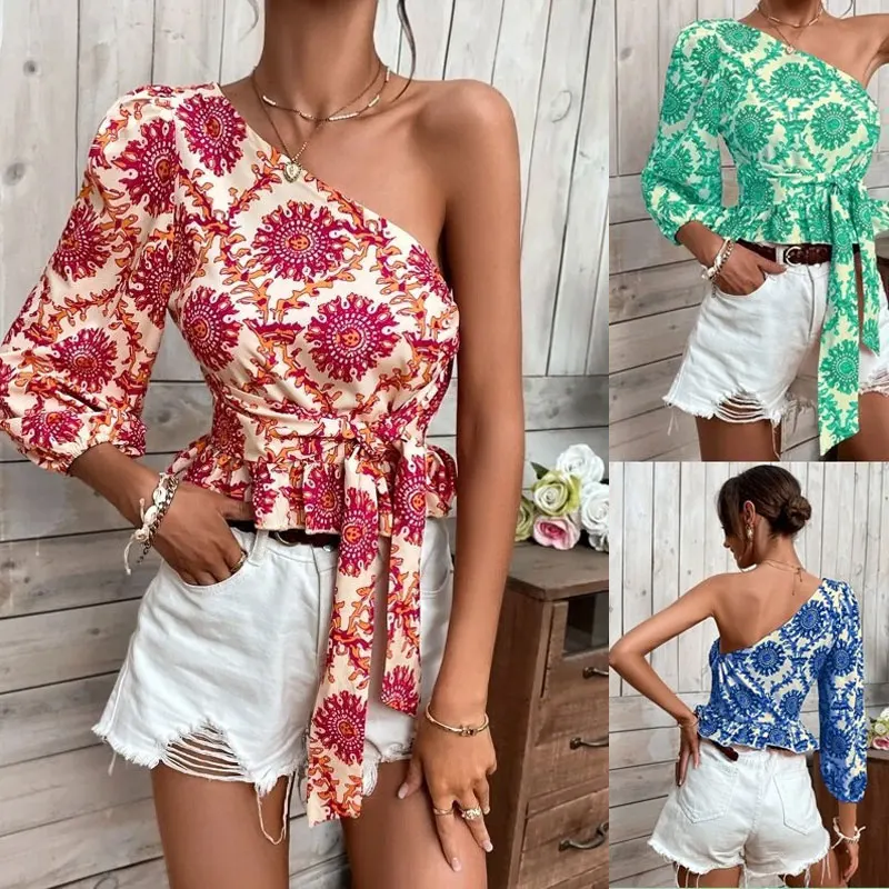 

Helisopus сексуальная летняя женская модная рубашка с принтом на одно плечо с длинным рукавом и рюшами на подоле, рубашка с галстуком, топ для мо...