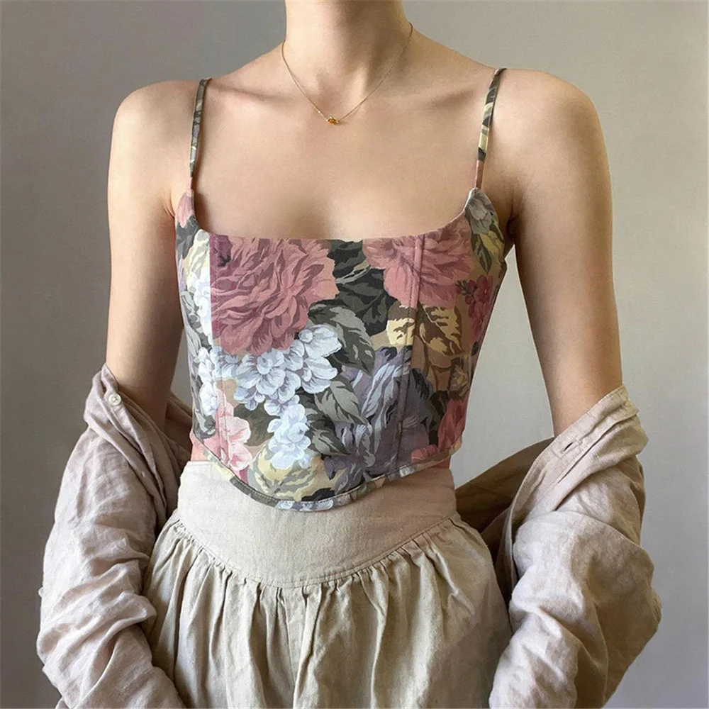 

2022 Aesthetic Women Summer Sleeveless Backless Crop Top Elegant Sexy Oil Painting Irregular Zipper Floral Camis Female Tanks