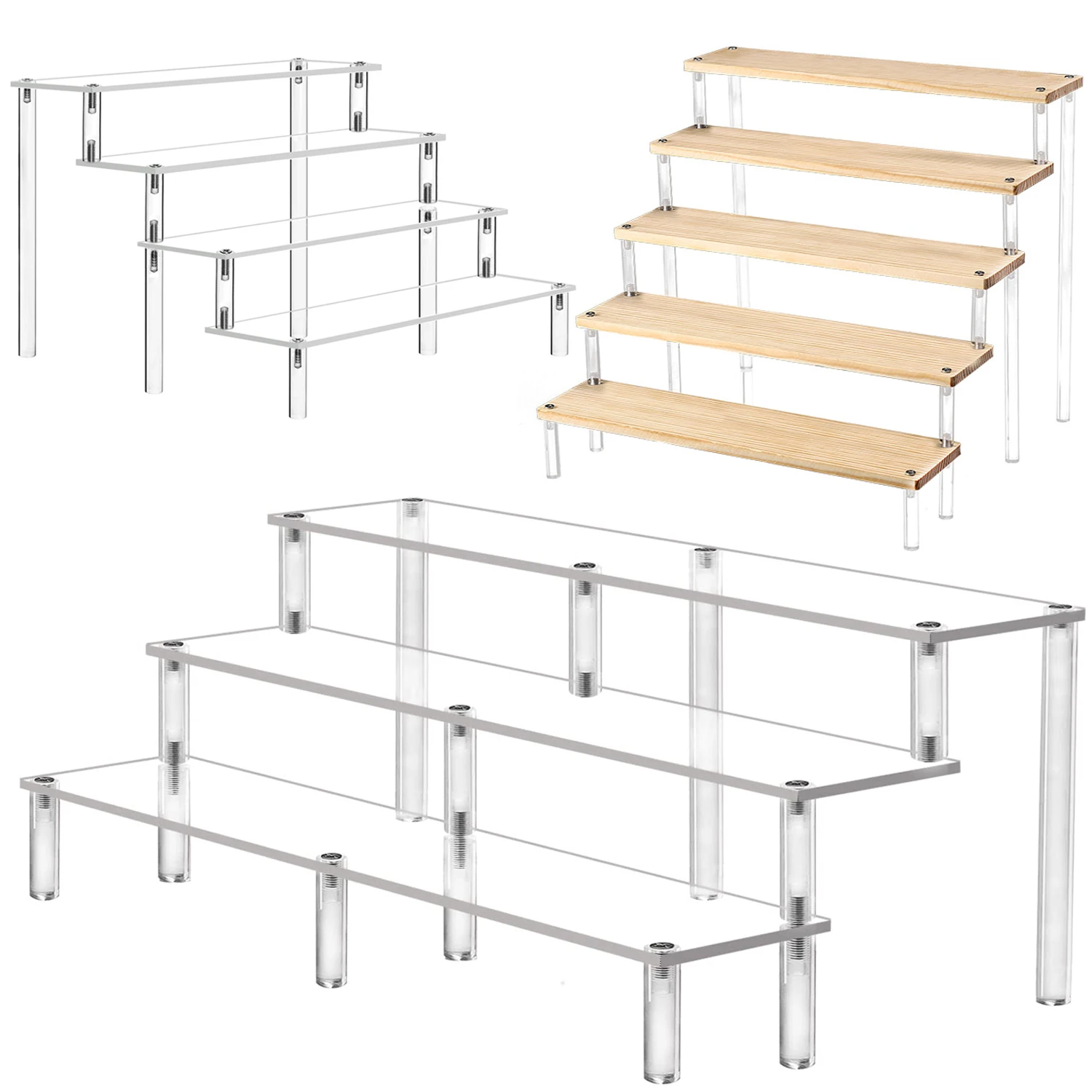 

1-5Tier Acrylic Riser Display Stand Clear Acrylic Shelf for Amiibo Funko Figures Toy Cupcake Dessert Perfume Collection Cosmetic