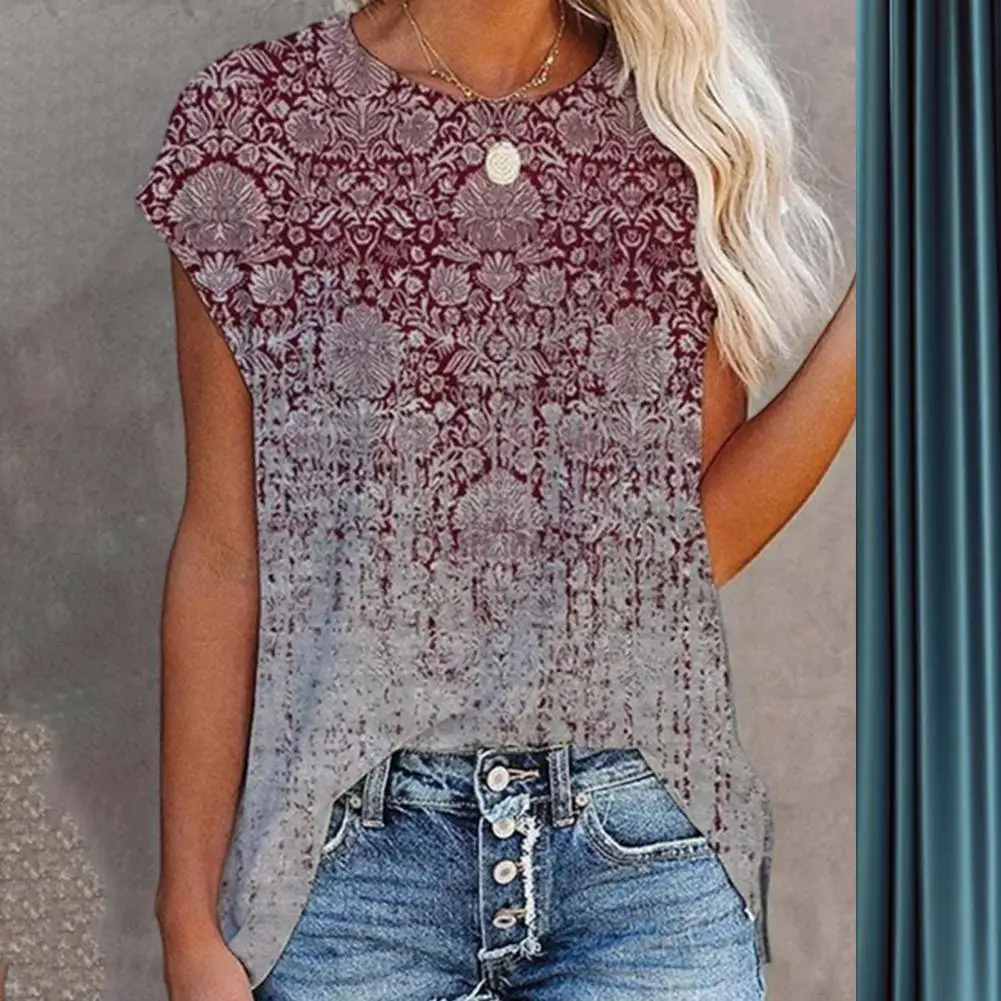 

Женский винтажный топ с градиентным принтом, свободная рубашка с коротким рукавом и круглым вырезом, Повседневный дышащий Летний Пляжный топ