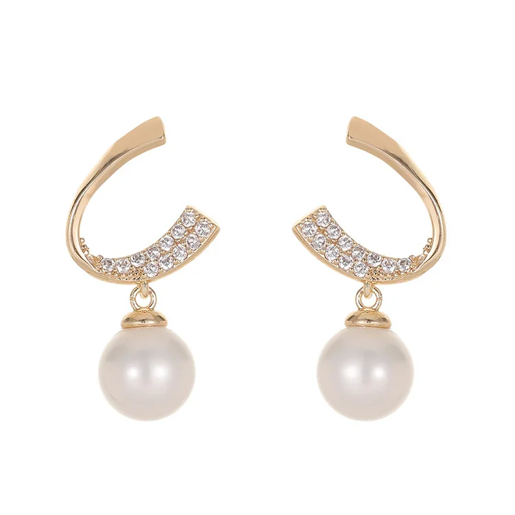 

S925 silver needle cold wind simple pearl earrings women's Micro inlaid zircon C-shaped fashion earrings