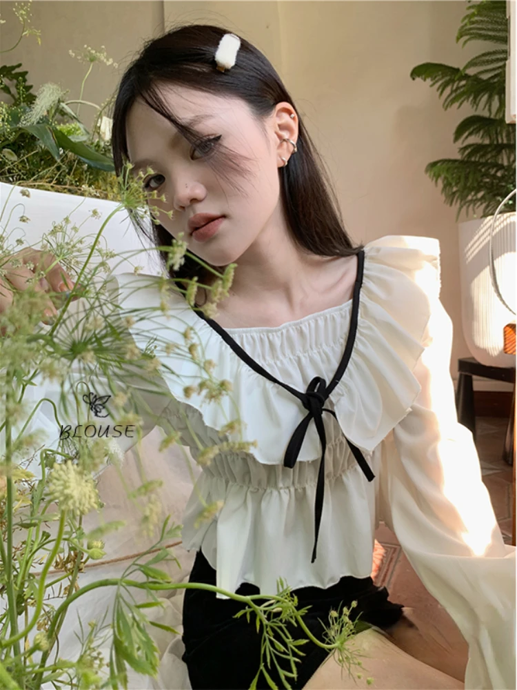 

Блузка Korobov с оборками Женская, нежная шифоновая дизайнерская короткая рубашка с длинным рукавом, на шнуровке, в винтажном стиле, на осень