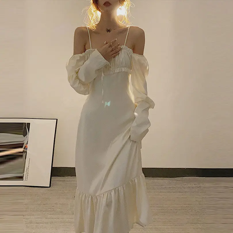 

FAKUNTN autumn new style retro sweet one-shoulder square neck puff sleeve trumpet dress women sexy Folds white vintage dresses