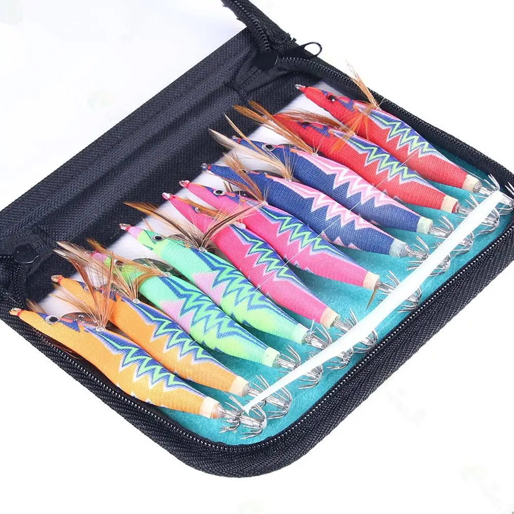 

10Pcs/Bag fishing lure Squid jig 12g 15g 20g Wood Shrimp fishing lure Artificial Bait 3D Eyes Luminous Cuttlefish Octopus hook