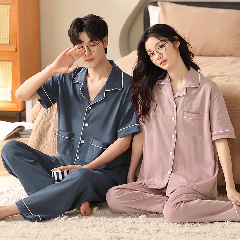 100% Cotton Summer Suit Summer Solid Pajama Sets for Women Casual Short Sleeve Long Pants Comfort Soft Sleepwear pyjama femme