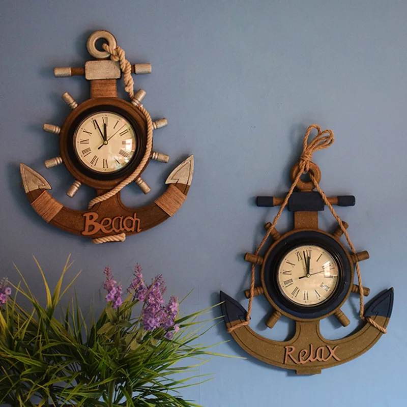 

Mediterranean Retro Style Anchor Wall Clock Wooden Rudders Creative Silent Wall Hanging Clocks Coffee Bar Home Wall Decorations