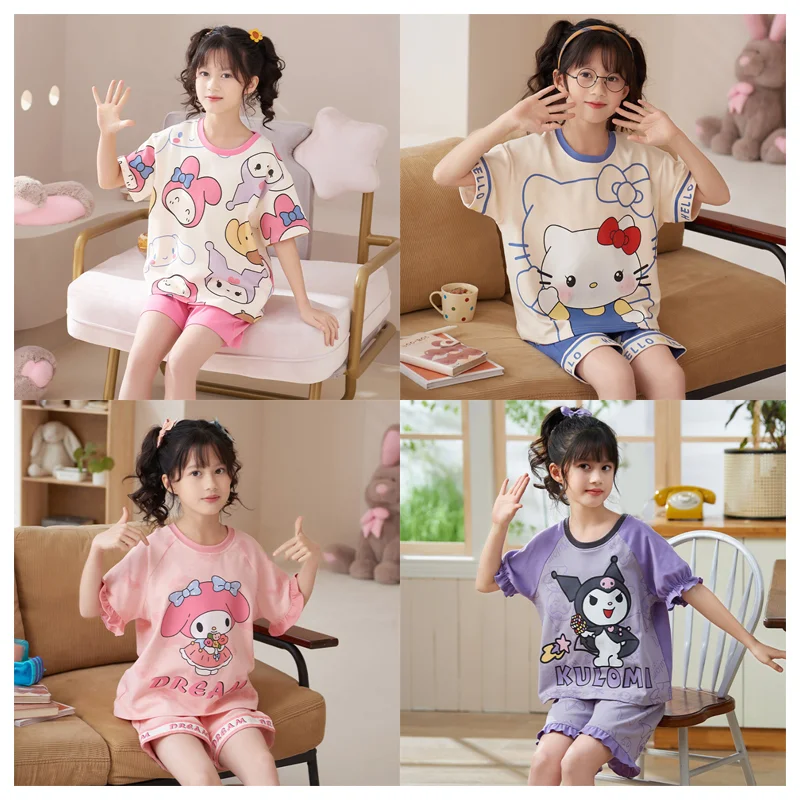 

Летняя пижама для девочек с аниме Sanrioed My Melody Kuromi Hellokittys Kawaii Мультфильм модные шорты с коротким рукавом домашняя одежда
