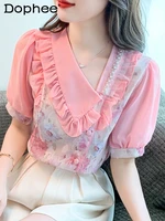 2022 summer new korean style doll collar short sleeve printed shirt women fashion ruffled chiffon blouses ladies sweet top