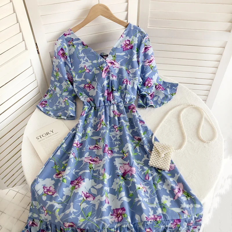 Gaganight женское платье с V-образным вырезом принтом и рукавом-колокольчиком Новинка