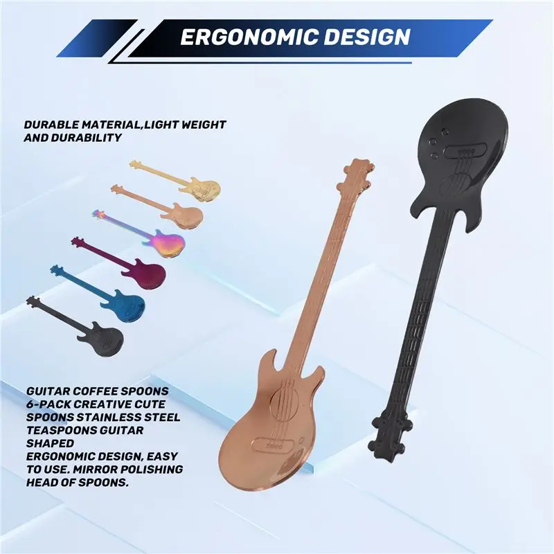 Кофейные ложки BHTS-Guitar, 6 штук, креативные милые ложки из нержавеющей стали в форме гитары (разноцветные) (art.: 3920da76bf0da) - 3920da76bf0da