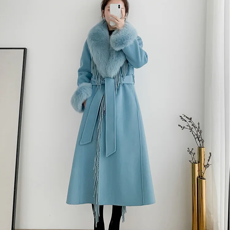 

Fashionable Tassel Patchwork Wool Cashmere Blend Long Coat For Women Winte Warm Genuine Fox Fur Collar And Cuff Belted Outerwear