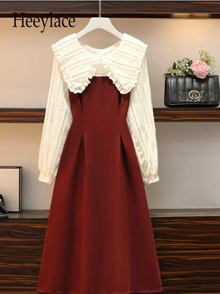 

Осеннее французское винтажное кружевное платье в стиле пэчворк с воротником «Питер Пэн», корейское милое платье из двух частей с длинным ру...