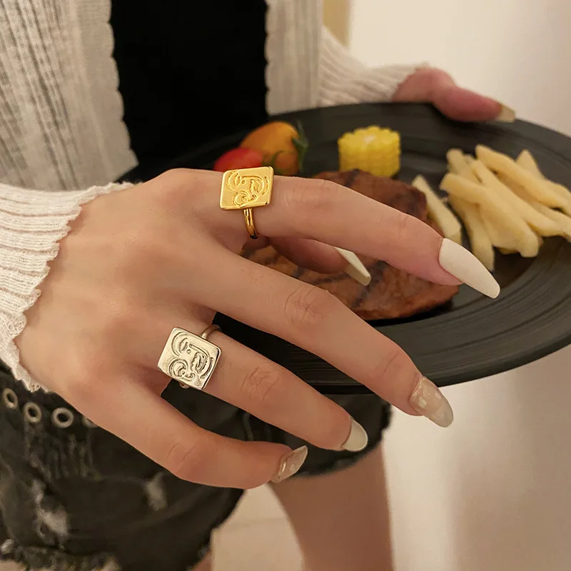 

Серебряное кольцо с квадратным рисунком лица для женщин и девушек, геометрический Открытый регулируемый стиль в стиле панк