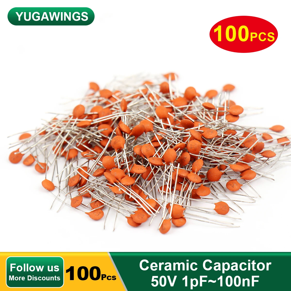 

100Pcs Yugawings Ceramic Capacitor 50V 1pF~100nF 2.2pF 4.7pF 5pF 6pF 8pF 9pF 10pF 50pF 100pF 820pF 1NF 2NF 6.8NF 10NF 20NF 68NF
