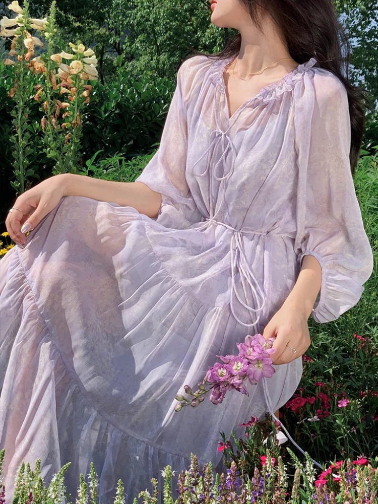 

2022 летнее французское элегантное сказочное платье, женское повседневное милое Цветочное платье миди, Пляжное стильное сарафан в стиле бохо...