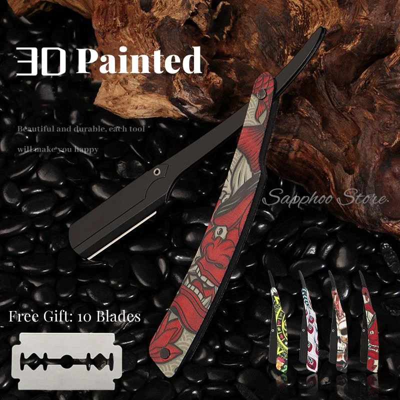 1pcs 3D Painted Stainless Steel Razor Professional Manual Shaver Straight Edge Sharp Barber Razor Folding Shaving Beard Cutter