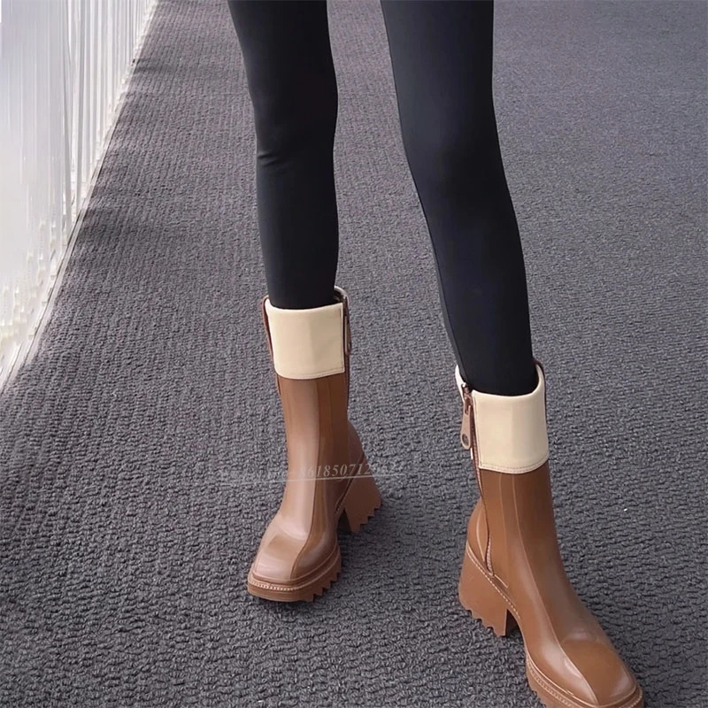 Women's New Versatile Square-toe Stitching Side Zipper Mid-tube Short Boots Thick-soled Boots